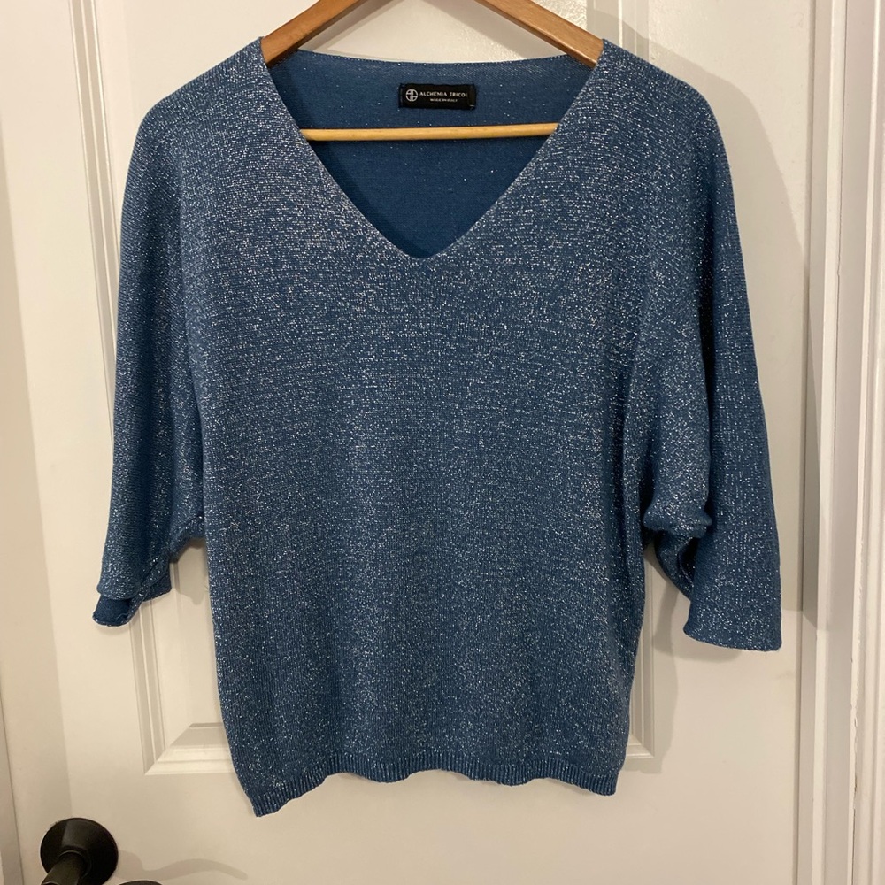 Alchemia Tricot Shimmery V-Neck Short Sleeve Sweater